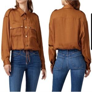 Ramy Brook Womens Satin Button Down Utility Jacket Size S Brown Gold Capsule